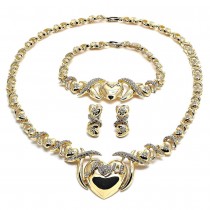 Gold Finish Necklace Bracelet and Earring Hugs and Kisses and Heart Design with White Crystal Polished Golden Tone