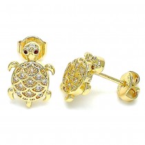 Gold Filled Stud Earring Turtle Design With White and Garnet Micro Pave Polished Finish Golden Tone