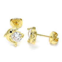 Gold Filled Stud Earrings Dolphin Design With White and Black Micro Pave Polished Finish Golden Tone