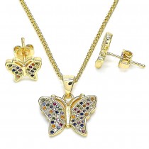 Gold Filled Earring and Pendant Set Butterfly Design with Multicolor Micro Pave Polished Golden Tone