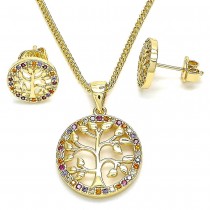 Gold Filled Earring and Pendant Set Tree Design With Multicolor Micro Pave Polished Finish Golden Tone