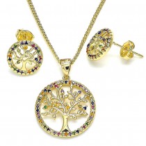 Gold Filled Earring and Pendant Set Tree Of Life Design With Multicolor Micro Pave Polished Finish Golden Tone