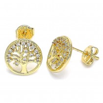 Gold Filled Stud Earrings Tree Design With White Micro Pave Polished Finish Golden Tone