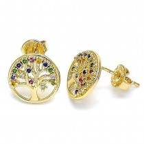 Gold Filled Stud Earrings Tree Design With Multicolor Micro Pave Polished Finish Golden Tone