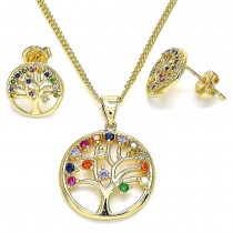 Gold Filled Earring and Pendant Set Tree Design with Multicolor Micro Pave Polished Golden Tone