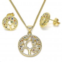 Gold Filled Earring and Pendant Set Tree Design With Multicolor Micro Pave Polished Finish Golden Tone