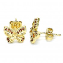 Gold Filled Butterfly Design Stud Earrings With Garnet Micro Pave Polished Finish Golden Tone
