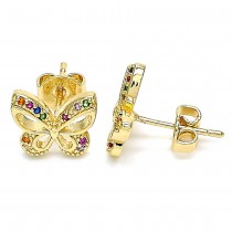 Gold Filled Butterfly Design Stud Earrings With Multicolor Micro Pave Polished Finish Golden Tone