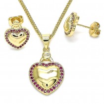 Gold Filled Earring and Pendant Set Heart Design With Ruby Micro Pave Polished Finish Golden Tone