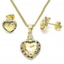 Gold Filled Earring and Pendant Set Heart Design With Multicolor Micro Pave Polished Finish Golden Tone