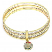 Gold Filled Semanario Bangle San Benito Design With Multicolor Crystal Polished Finish Tri Tone (02 MM Thickness, Size 6 - 2.75 Diameter)