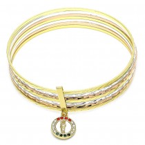 Gold Filled Semanario Bangle San Judas Design With Multicolor Crystal Diamond Cutting Finish Tri Tone (02 MM Thickness, Size 6 - 2.75 Diameter)