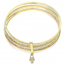 Gold Filled Semanario Bangle Hand of God Design With White Cubic Zirconia Diamond Cutting Finish Tri Tone (02 MM Thickness, Size 6 - 2.75 Diameter)