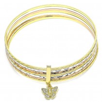 Gold Filled Semanario Bangle Butterfly Design With Garnet Crystal Diamond Cutting Finish Tri Tone (02 MM Thickness, Size 6 - 2.75 Diameter)