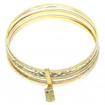 Gold Filled Semanario Bangle Owl Design With Garnet Crystal Diamond Cutting Finish Tri Tone (02 MM Thickness, Size 6 - 2.75 Diameter)