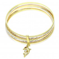 Gold Filled Semanario Bangle Dolphin Design With Garnet Crystal Diamond Cutting Finish Tri Tone (02 MM Thickness, Size 6 - 2.75 Diameter)