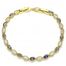 Gold Filled Tennis Bracelet with Amethyst and White Cubic Zirconia Polished Golden Tone