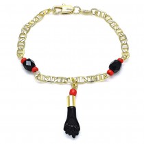 Gold Filled Baby Charm Bracelet Hand Design With Black and Orange Red Azavache, Polished Finish Golden Tone