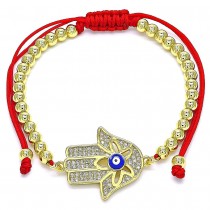 Gold Filled Adjustable Bolo Bracelet Hand of God and Greek Eye Design With White Micro Pave Blue Enamel Finish Golden Tone