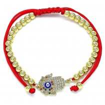 Gold Filled Adjustable Bolo Bracelet Hand of God and Ball Design With Multicolor Micro Pave Blue Enamel Finish Golden Tone