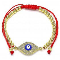Gold Filled Adjustable Bolo Bracelet Ball and Greek Eye Design With Multicolor Cubic Zirconia Multicolor Enamel Finish Golden Tone