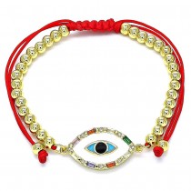 Gold Filled Adjustable Bolo Bracelet Ball and Greek Eye Design With Multicolor Cubic Zirconia Multicolor Enamel Finish Golden Tone