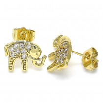 Gold Filled Stud Earrings Elephant Design With White Micro Pave Polished Finish Golden Tone