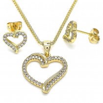 Gold Finish Earring and Pendant Set Heart Design with White Micro Pave Polished Golden Tone