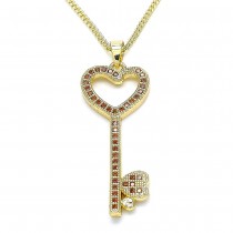 Gold Filled Pendant Necklace key and Heart Design With Garnet Micro Pave Polished Finish Golden Tone