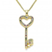 Gold Filled Pendant Necklace key and Heart Design With Multicolor Micro Pave Polished Finish Golden Tone