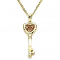 Gold Pendant Necklace Key and Heart Design With Garnet Micro Pave Polished Finish Golden Tone