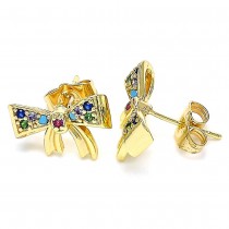 Gold Filled Stud Earrings Bow Design with Multicolor Micro Pave Polished Golden Finish 