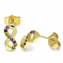 Gold Filled Stud Earrings Infinity Design with Multicolor Micro Pave Polished Golden Finish
