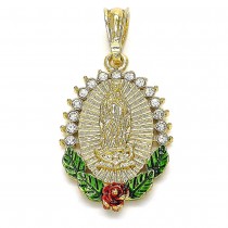 Gold Filled Religious Pendant Guadalupe and Flower Design with White Crystal Polished Tri Tone