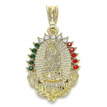 Gold Filled Religious Pendant Guadalupe and Flower Design with Multicolor Crystal Polished Golden Tone