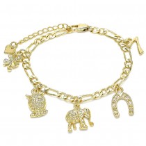 Gold Filled Charm Bracelet Owl and Elephant Design Polished Finish Golden Tone