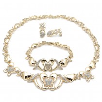 Gold Finish Necklace Bracelet and Earring Hugs and Kisses and Butterfly Design with White Crystal Polished Golden Tone