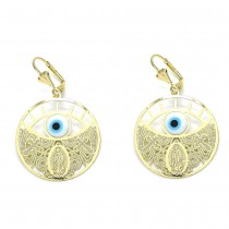 Gold Dangle Earring Guadalupe and Cross Design Polished Finish Golden Tone