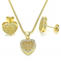 Gold Filled Earring and Pendant Set Heart Design With White Micro Pave Polished Finish Golden Tone
