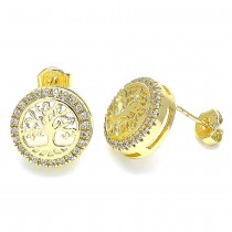 Gold Filled Stud Earrings Tree Design With White Micro Pave Polished Finish Golden Tone