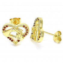 Gold Filled Stud Earrings Heart and Hand Design With Garnet Micro Pave Polished Finish Golden Tone