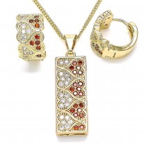 Gold Finish Earring and Pendant Set Heart Design with Garnet and White Micro Pave Polished Golden Tone