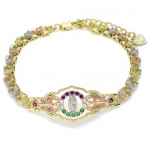 Gold Filled Fancy Bracelet Guadalupe Design With White and Multicolor Crystal Polished Finish Tri Tone