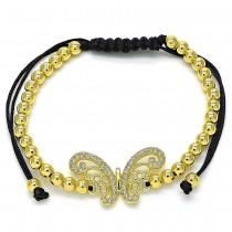 Gold Filled Adjustable Bolo Bracelet Butterfly and Ball Design With White Micro Pave Polished Finish Golden Tone