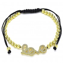 Gold Filled Adjustable Bolo Bracelet Love and Ball Design With White Micro Pave Polished Finish Golden Tone