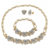 Gold Filled Necklace Bracelet and Earring Hugs and Kisses and Heart Design With White Crystal Polished Finish Golden Tone