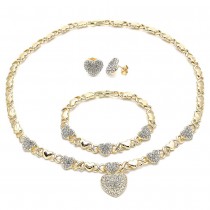 Gold Filled Necklace Bracelet and Earring Hugs and Kisses and Heart Design With White Crystal Polished Finish Golden Tone