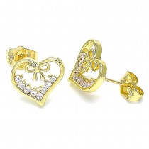 Gold Filled Stud Earrings Heart and Bow Design With White Cubic Zirconia Polished Finish Golden Tone