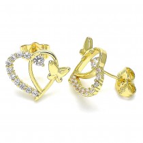 Gold Filled Stud Earrings Heart and Butterfly Design With White Cubic Zirconia Polished Finish Golden Tone
