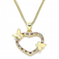 Gold Filled Pendant Necklace Heart and Butterfly Design With Garnet and White Micro Pave Polished Finish Golden Tone